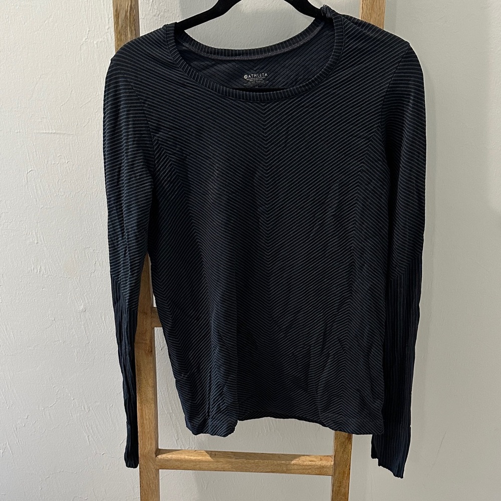 Athleta Black and Gray Striped Long Sleeve Tee